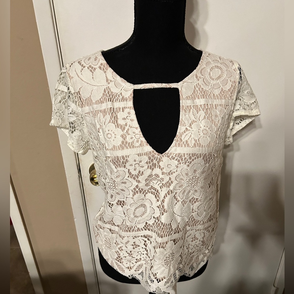 Express White Tan Lace Short Sleeve Blouse Small